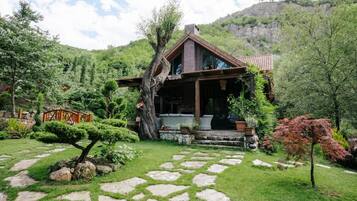 A rustic mountain cabin with a stone pathway leading to the entrance, surrounded by lush greenery and a view of the mountain.