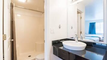 A bathroom with a shower, toilet, and a sink with a mirror.