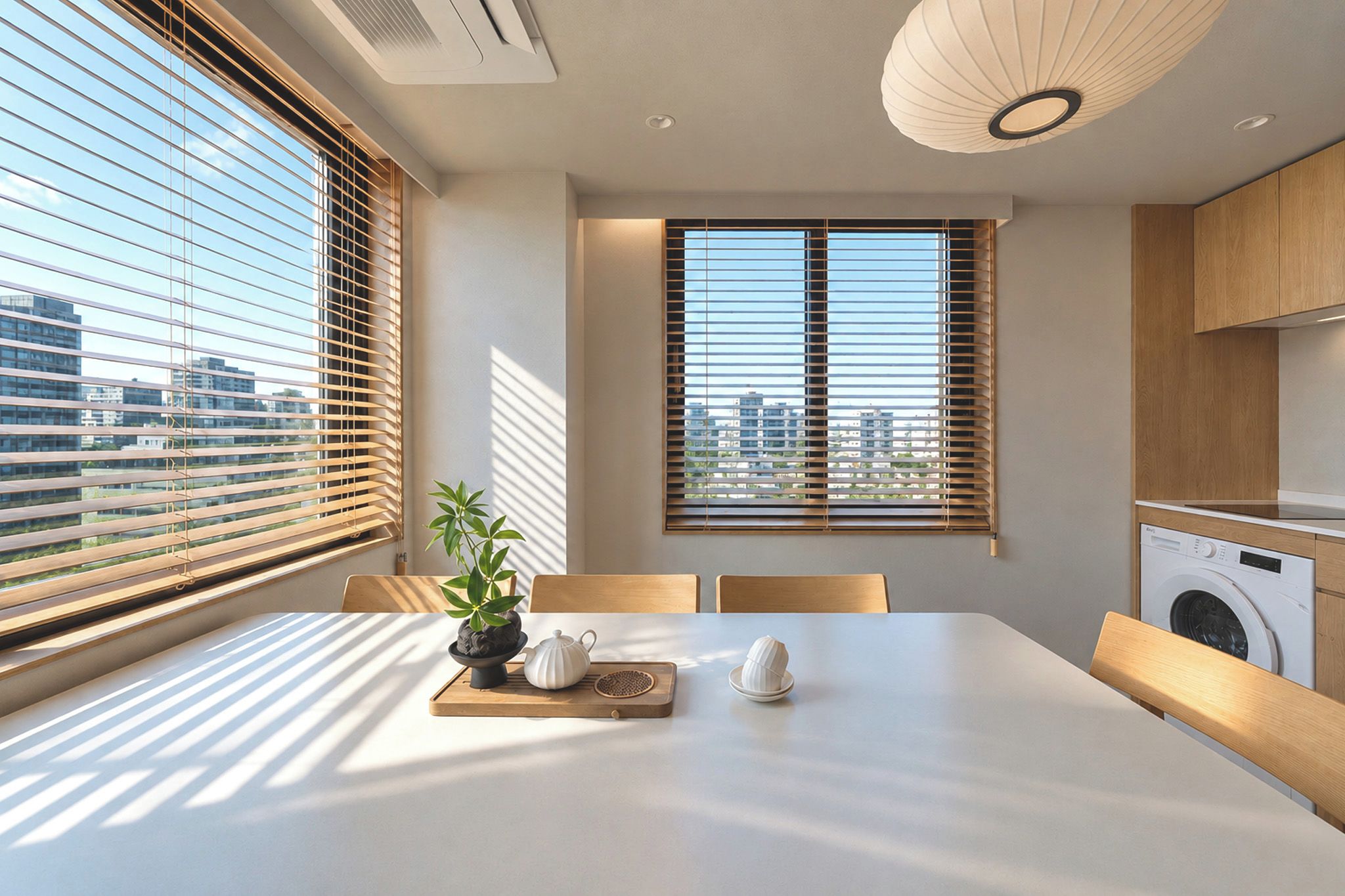 Una cocina moderna con lavadora integrada, un comedor con mesa y sillas, y ventanas amplias con persianas.