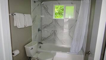 A bathroom with a toilet, bathtub, and shower curtain.
