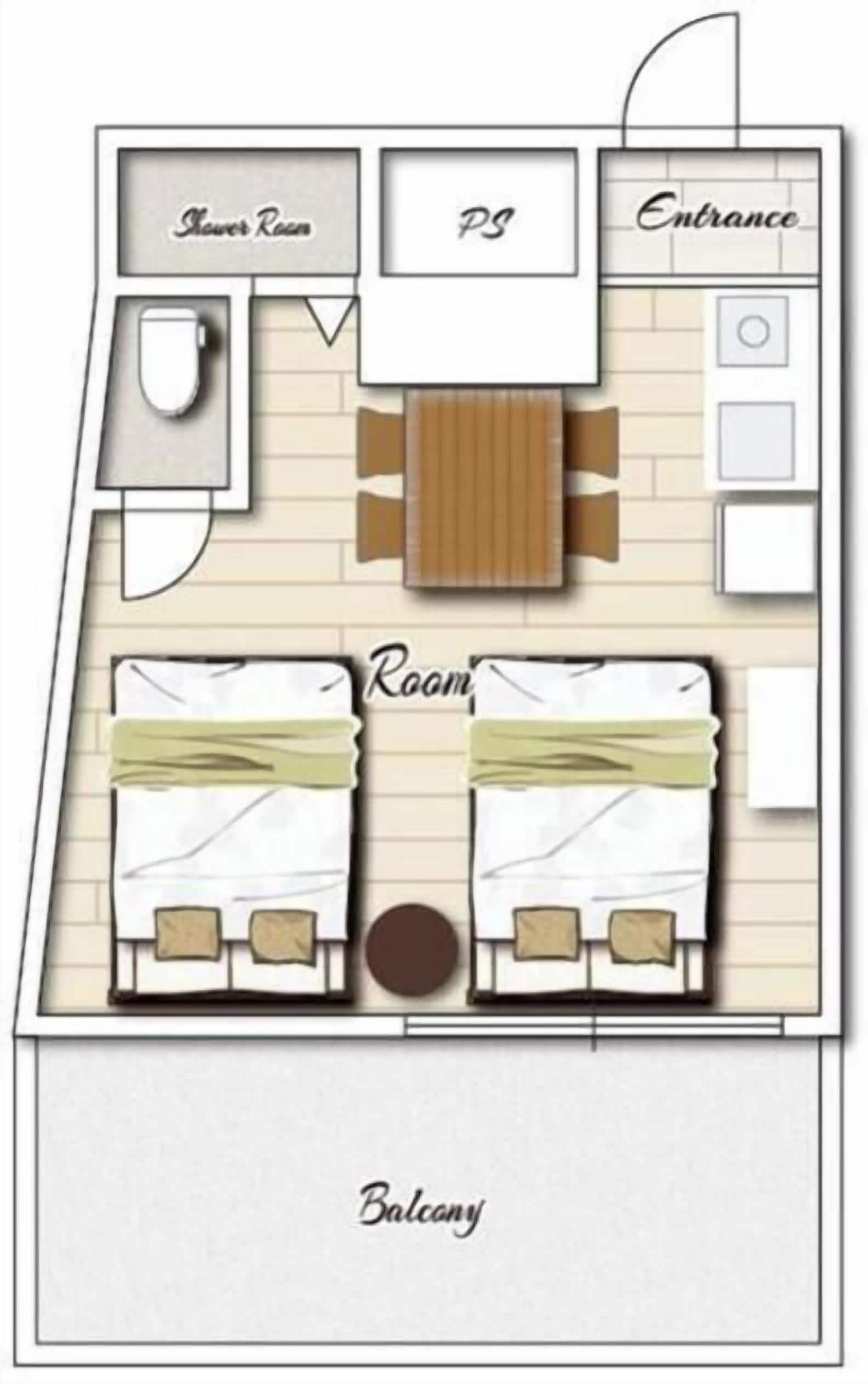 Un plan d’aménagement de chambre d’hôtel comprenant une salle de bain, une suite privée, une entrée et un balcon.
