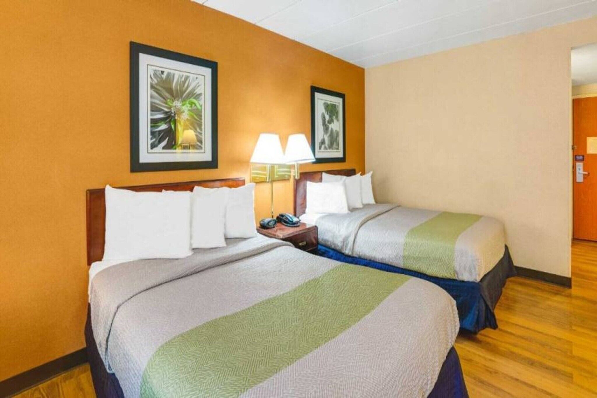 Habitación de hotel con dos camas, una mesita de noche con lámpara y cuadros en las paredes.