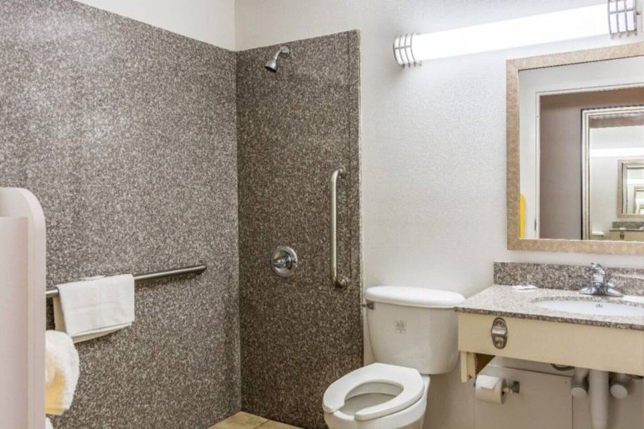 Un baño con ducha, inodoro y lavabo.