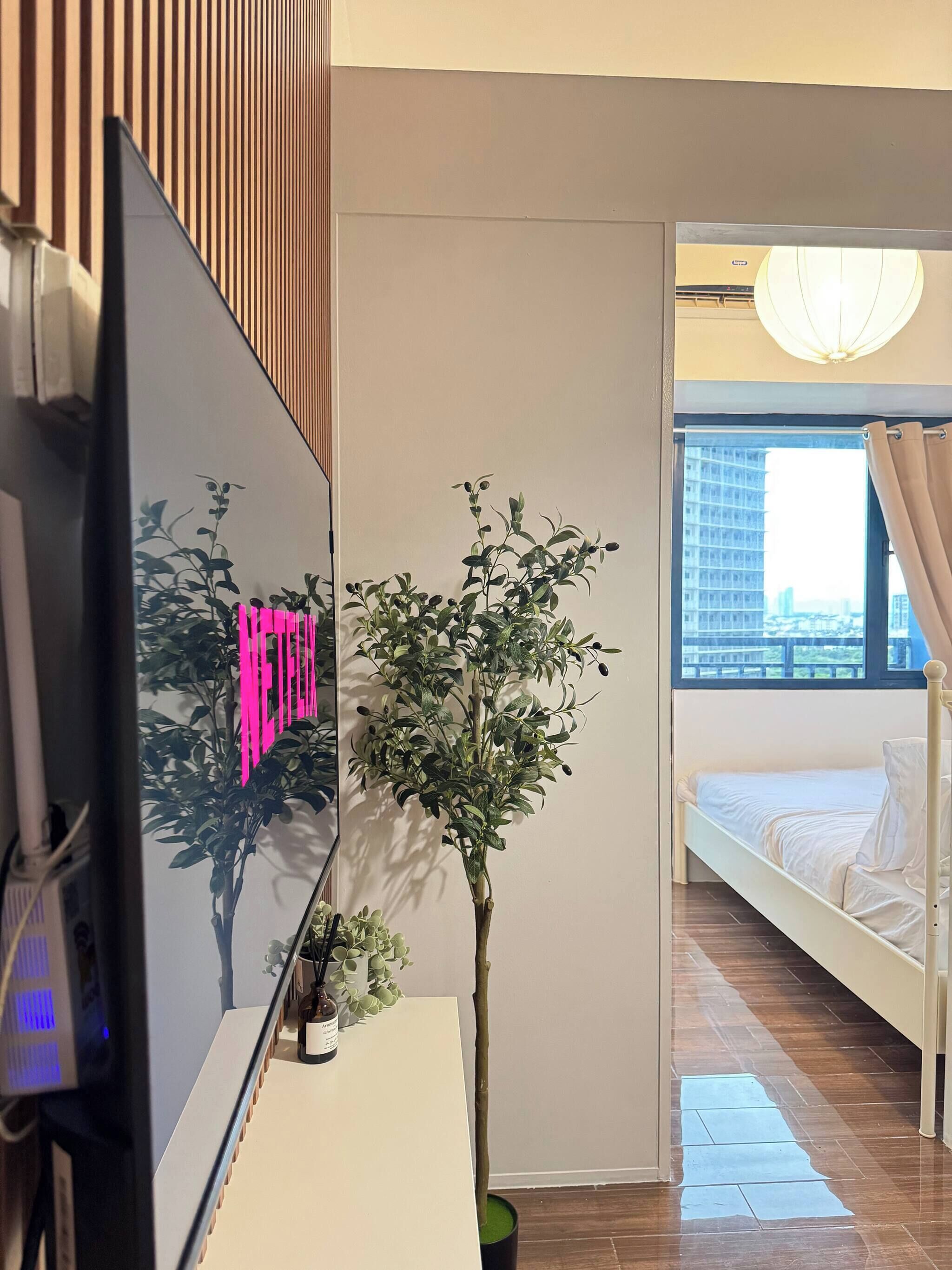 Habitación de hotel moderna con cama, televisión, planta en maceta y vista a la ciudad a través de una ventana.