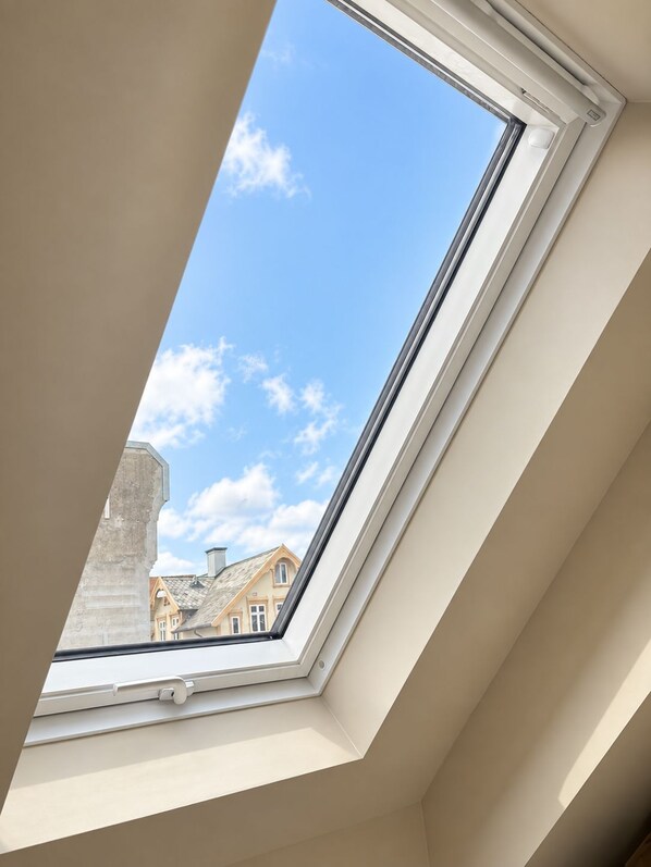A skylight with a view of buildings and a clear sky.