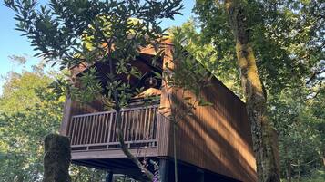 Une structure en bois dotée d’un balcon, entourée d’arbres et de verdure.