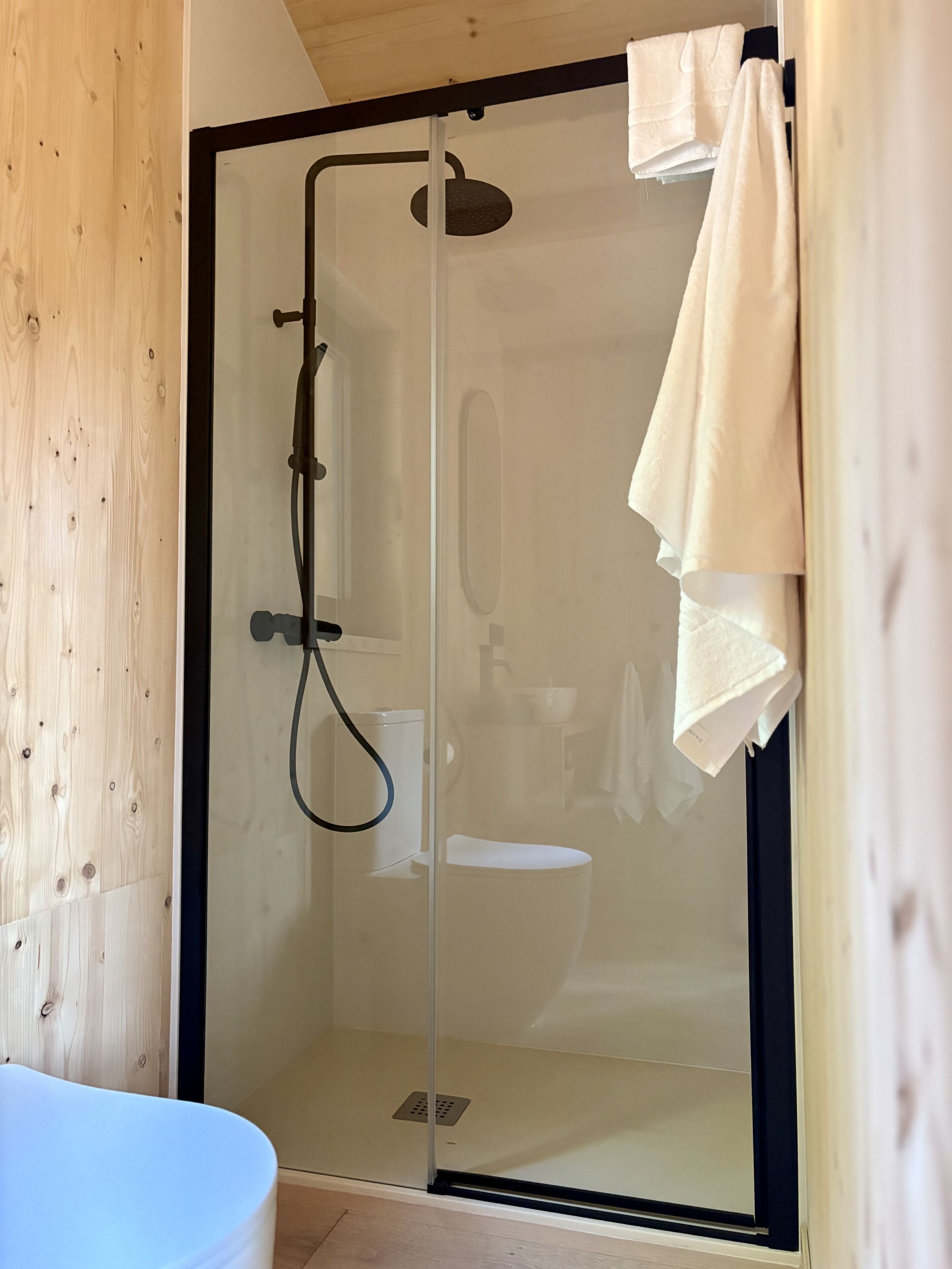Zona de bany amb vidre, que inclou un plat de dutxa, un vàter i un lavabo visibles a través del vidre.