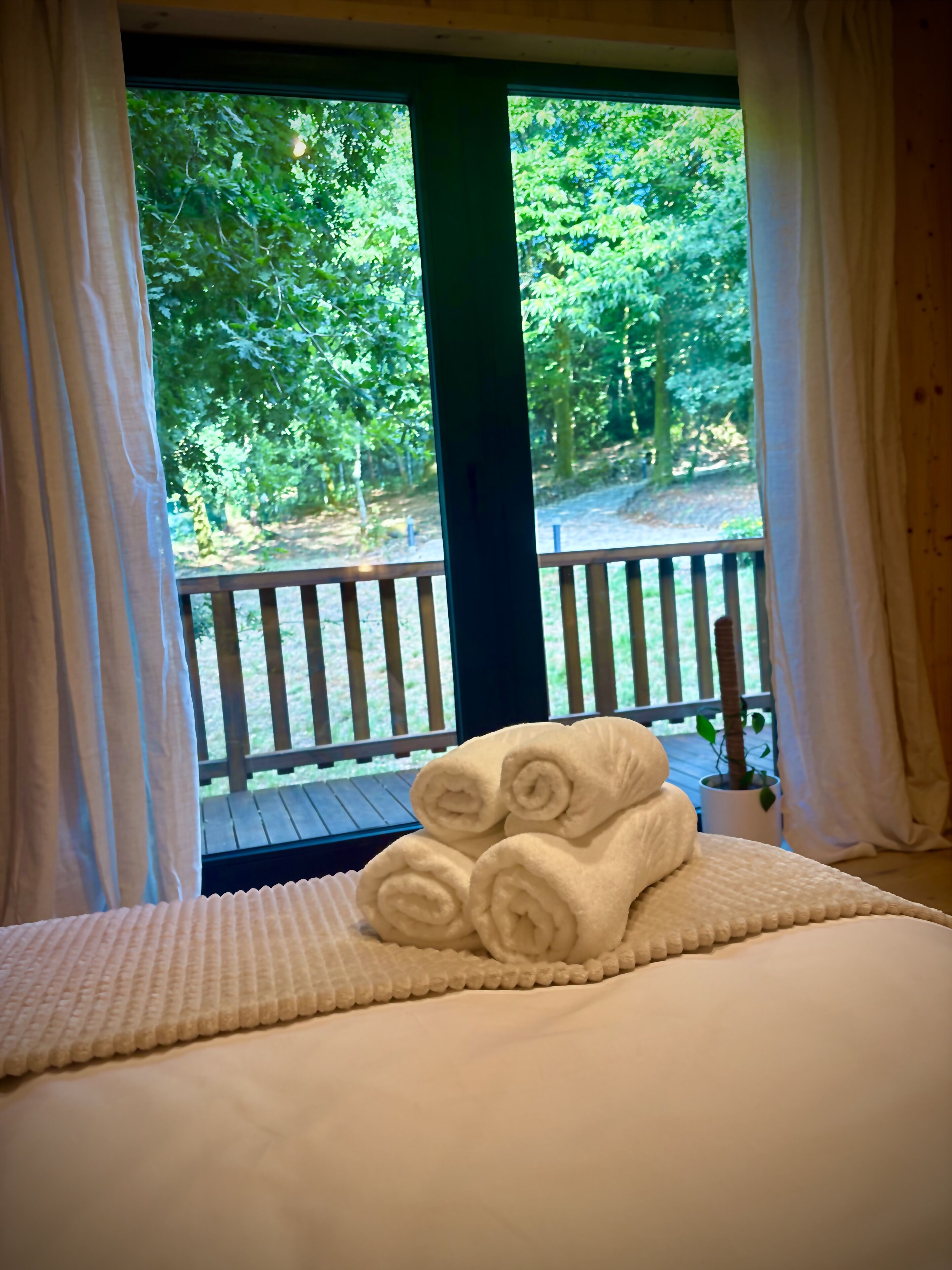A bed with rolled towels and a view of a forest through a window.