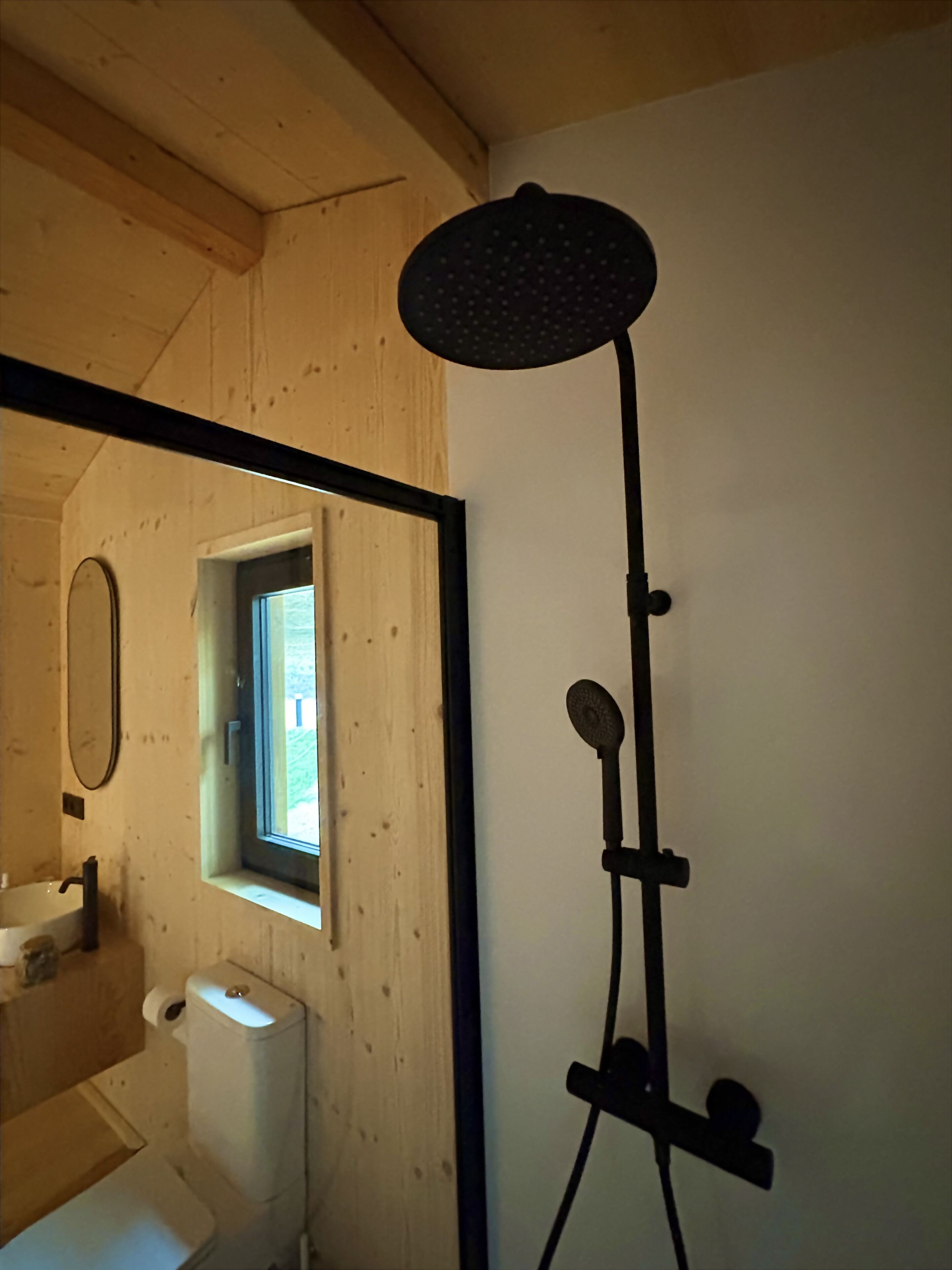 A bathroom with a wooden ceiling, a window, a mirror, and a shower with a black stand.