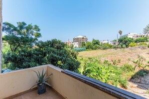 Zona residencial con balcón, jardín e invernadero.