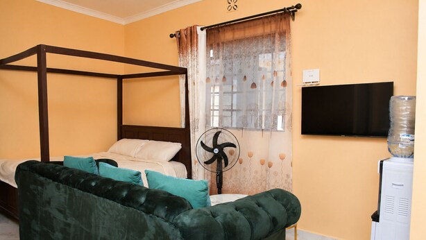 Un dormitorio con una cama con dosel, un sofá verde, un ventilador de pie, un dispensador de agua y un televisor en la pared.