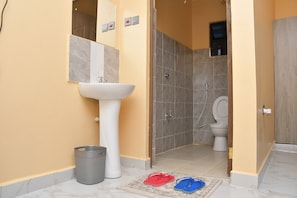 A bathroom with a sink, toilet, and shower area. - Maria villa studio Beautiful 1-bnb in enjoyable Voi for a relaxing stay (Voi)