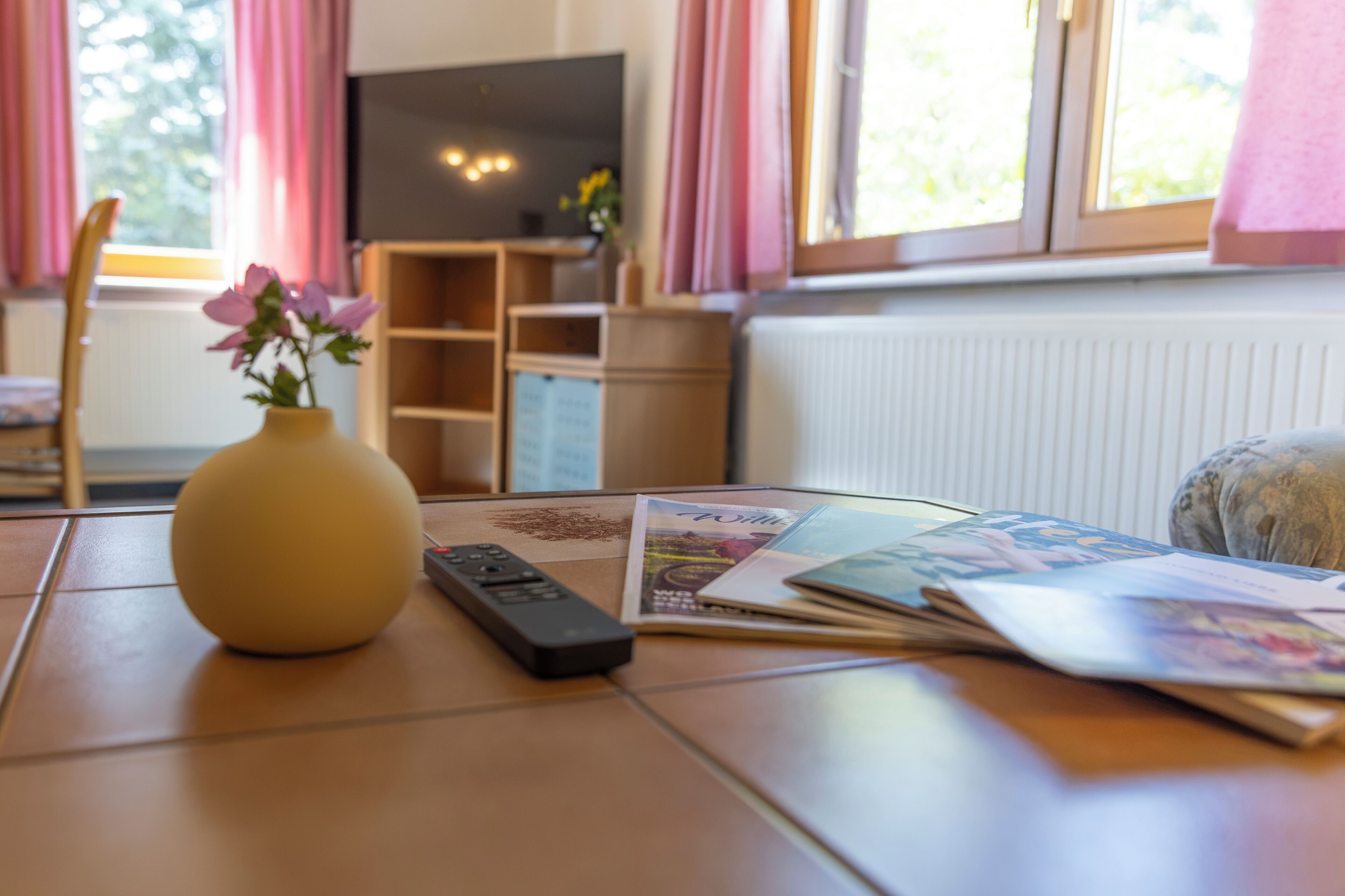 Ein Zimmer mit einem Tisch, einer Blumenvase, einer Fernbedienung und Zeitschriften.