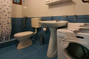 Ein Badezimmer mit Toilette, Waschtisch und Waschmaschine.