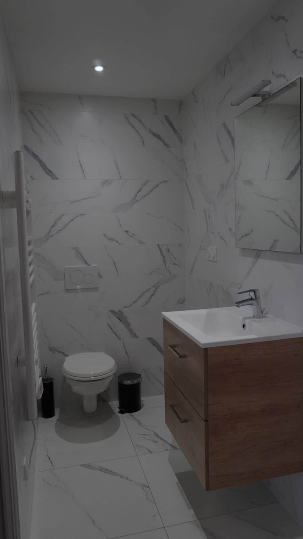 A bathroom with a marble-patterned wall, a white sink, and a toilet.