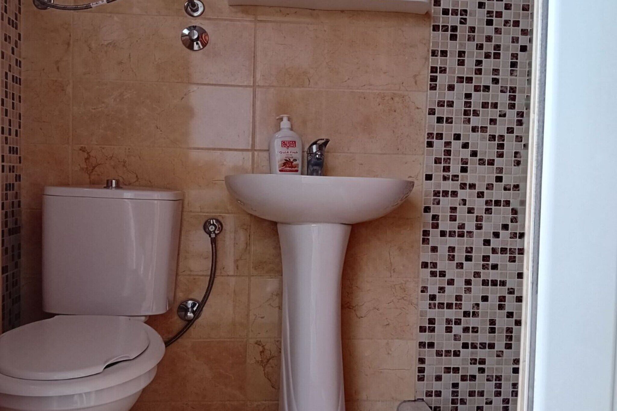 Un bany amb vàter, rentapel i plat de dutxa.