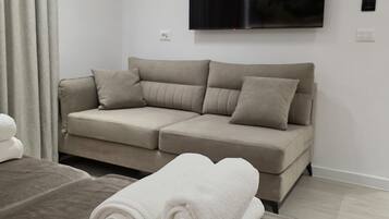 Una habitación moderna con sofá, televisor de pantalla plana en la pared y cama con toallas dobladas.