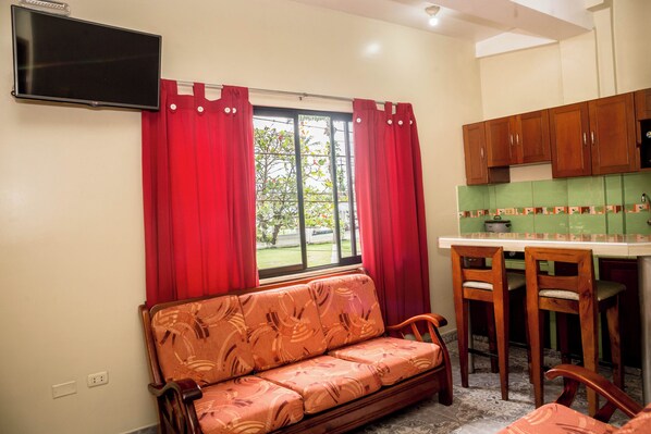 A compact living space with a sofa, a television mounted on the wall, a window with red curtains, and a kitchenette with wooden cabinets.