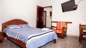 Un dormitorio con una cama, una silla, un televisor y una puerta.
