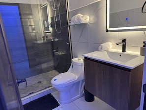 A modern bathroom with a glass-enclosed shower, a white toilet, a sink with a mirror above it, and a towel rack.