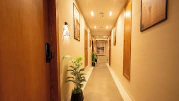 A hotel hallway with wooden doors, framed pictures on the walls, and potted plants.