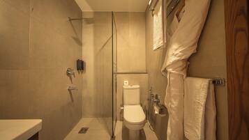 A modern bathroom with a glass-enclosed shower, a toilet, and a sink.