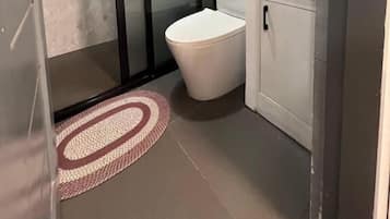 Ein Badezimmer mit Duschkabine, Toilette, Waschbecken und Spiegel.