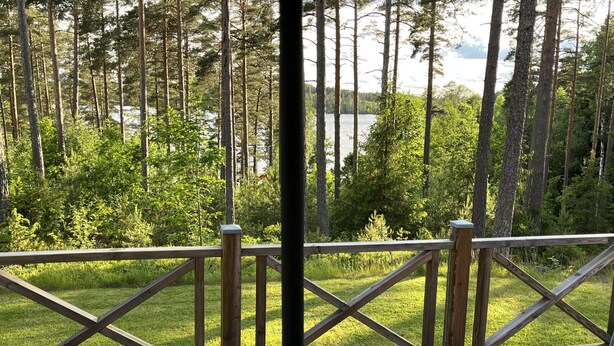 Une terrasse en bois, dotée d’une rambarde, qui offre une vue sur une zone boisée et un plan d’eau.