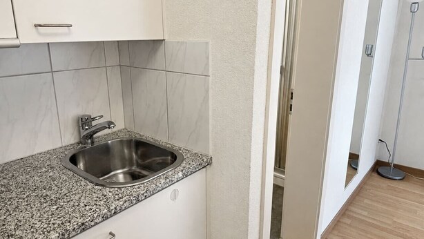 A kitchen with a stainless steel sink, white cabinets, and a granite countertop. - Cozy Studio in the Heart of Zurich - Stork 25 (Zürich)