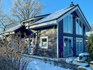 A two-story house with a steep gable roof, large windows, and a visible chimney. - Charming wooden house by the lake with sauna and boat (Dümmer)