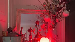Une pièce avec une table mise pour le repas, un vase contenant des fleurs séchées et un miroir accroché au mur.