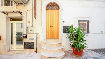 A building with a wooden door, a set of stairs leading to the entrance, and a potted plant.