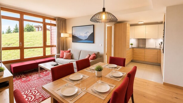 A modern living room with a dining area, large windows, and a view of the outdoors.