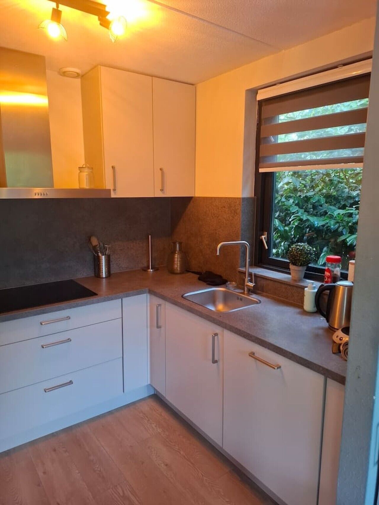 A modern kitchen with white cabinets, a stainless steel sink, and a window with a view of greenery outside.