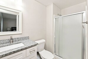 Ein Badezimmer mit einer Granit-Arbeitsplatte, einer weißen Toilette und einer Duschkabine aus Glas.