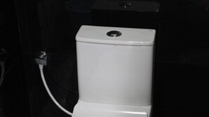 Inodoro blanco con tanque y asiento, conectado a un pulsador en la pared.
