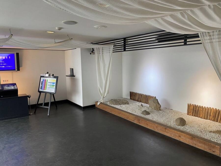 Una stanza con reception, televisore, bacheca informativa e angolo salotto con composizione di rocce decorative.