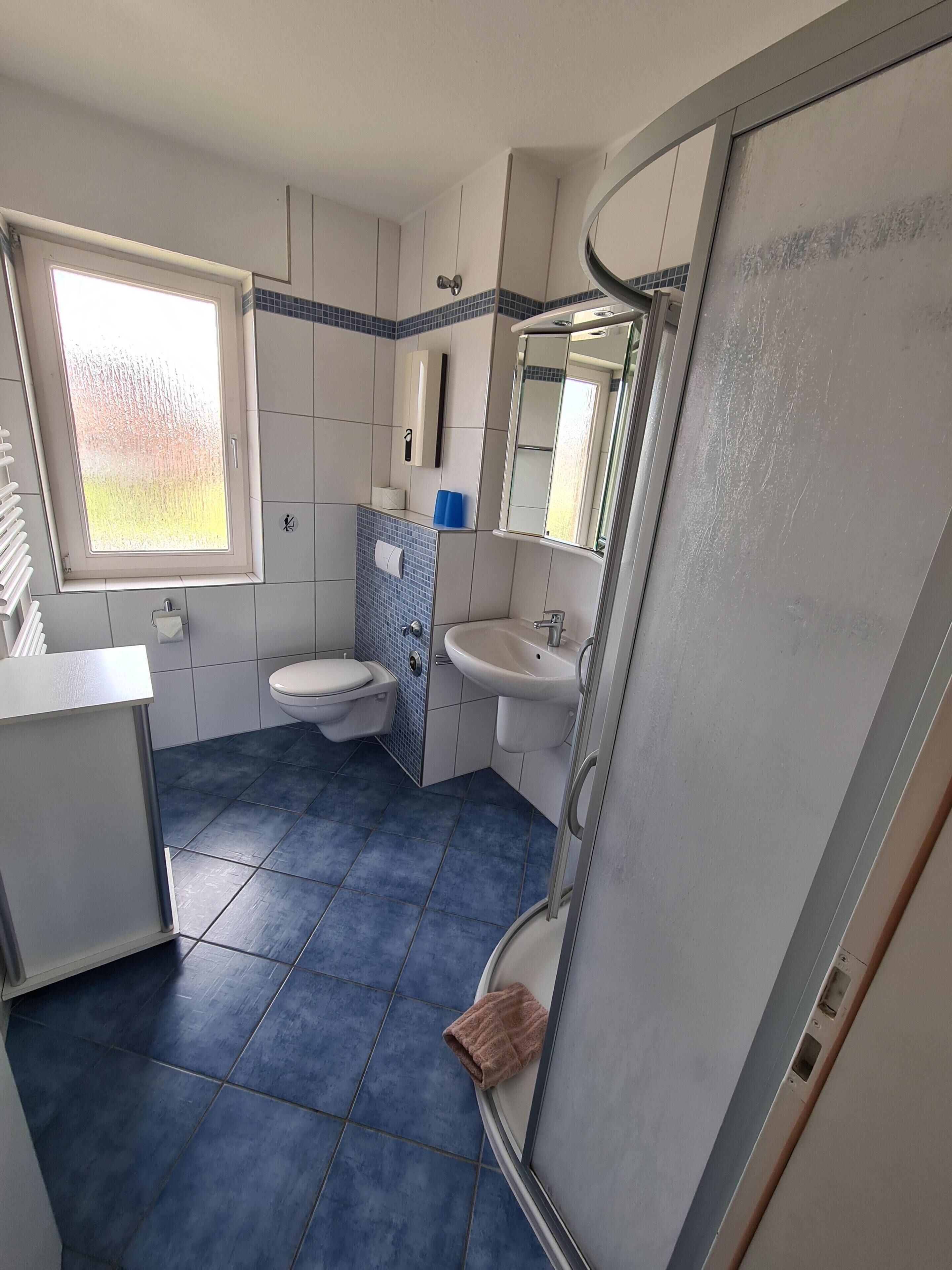 Ein Badezimmer mit Toilette, Waschbecken und Duschbereich.