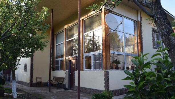 A building with large windows, a bench, and a tree in the foreground.