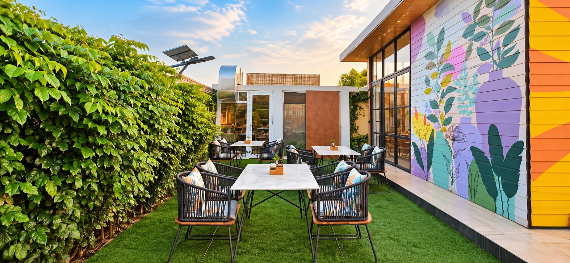 An outdoor seating area with tables and chairs, a green lawn, and a building with a colorful mural.