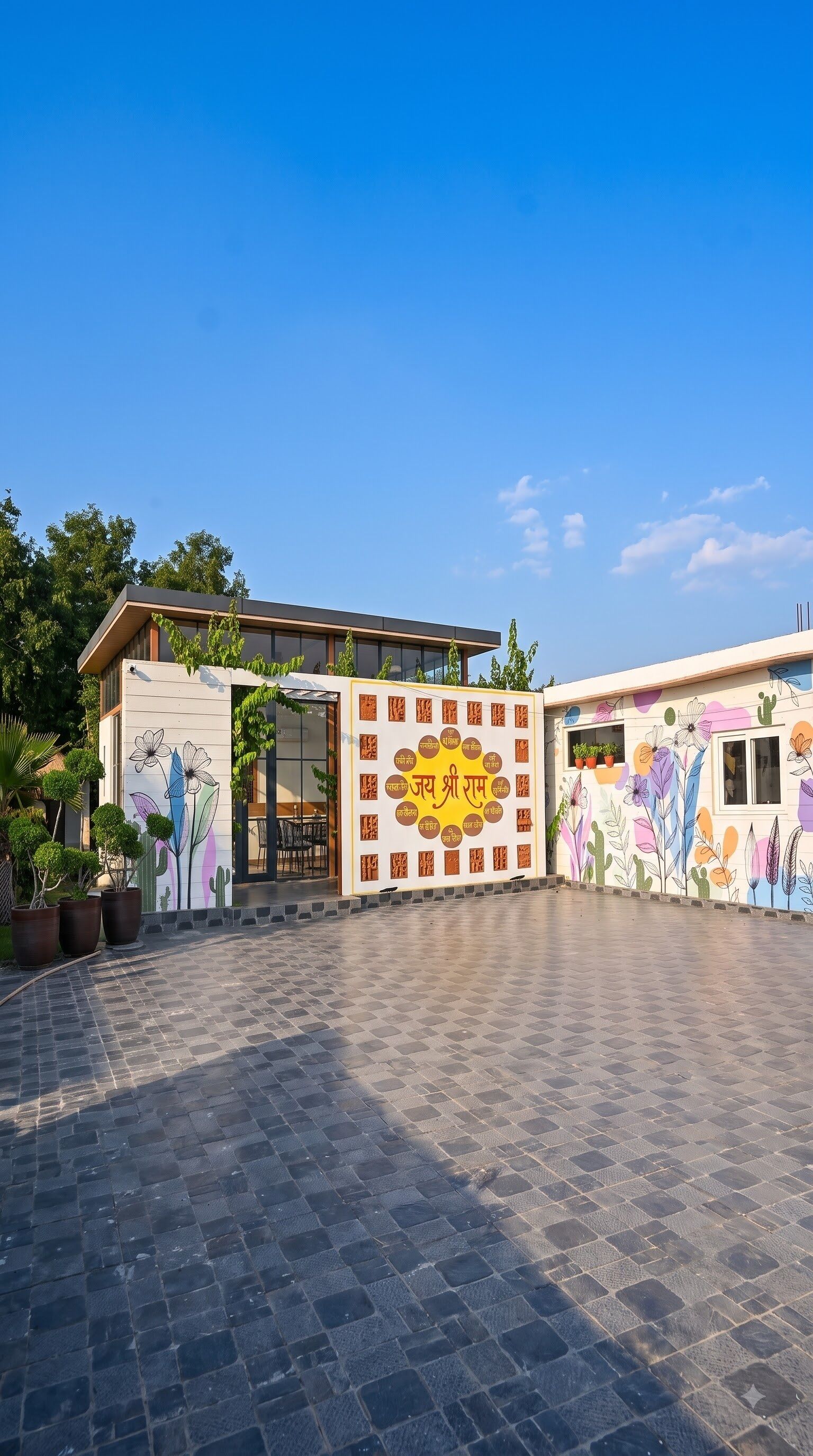 A building with a large mural on the facade, a paved courtyard, and potted plants.
