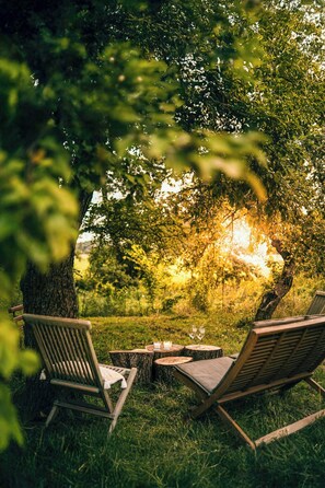 A serene outdoor seating area with two wooden chairs and a table, surrounded by lush greenery and a tree trunk.