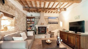 Ein gemütliches Wohnzimmer mit Steinwand, Kamin, Fernseher und Bücherregal.