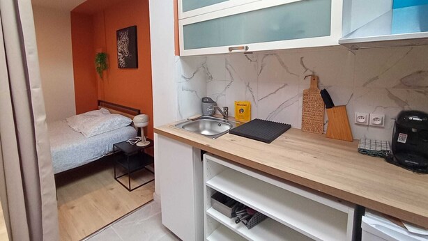A compact kitchen with a sink, a coffee maker, and a small countertop. - Roubaix Downtown Studio: Fast WiFi & Workspace (Roubaix)