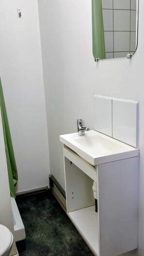 Pieni kylpyhuone, jossa on valkoinen pesuallas, peili ja wc-istuin.