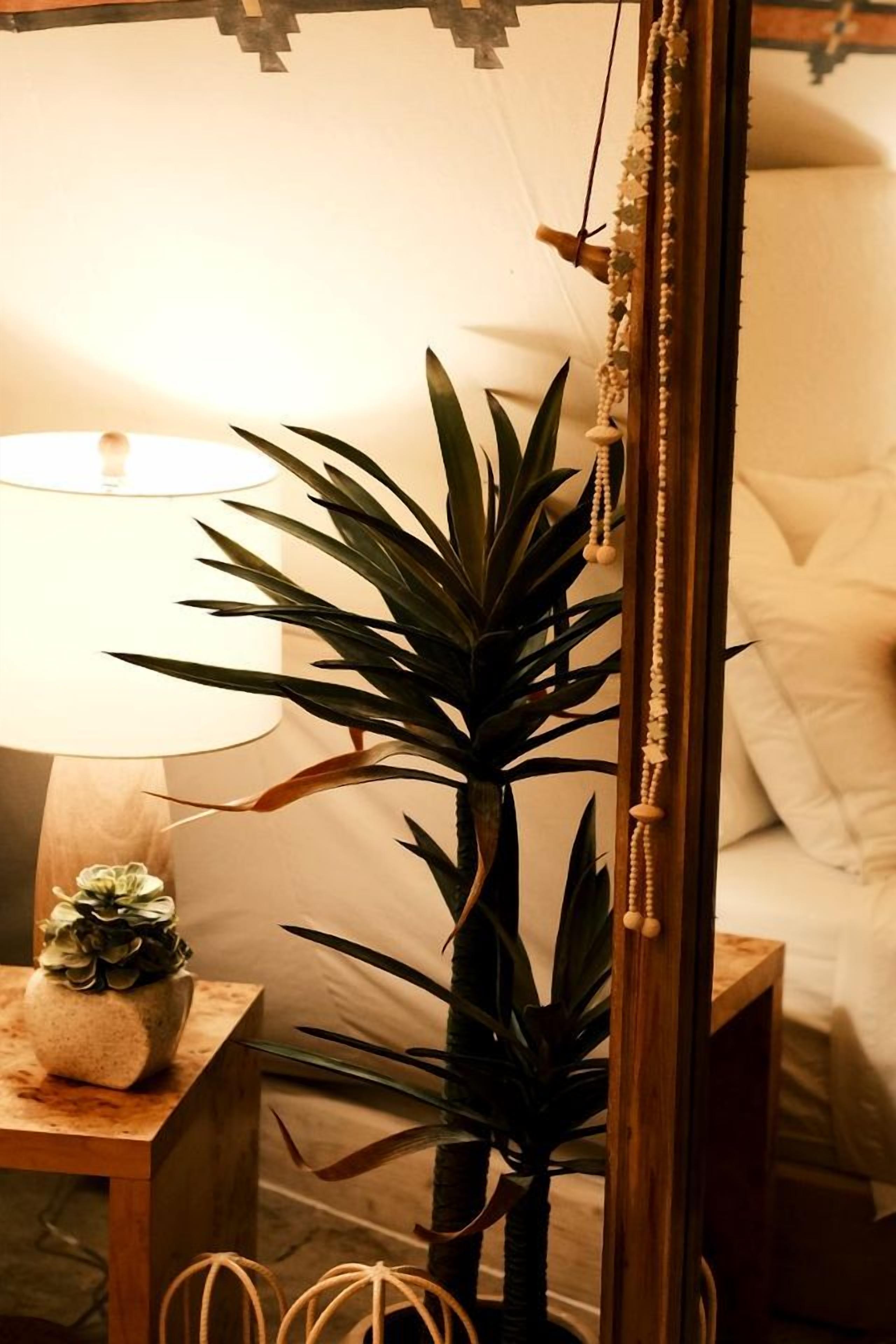 A room with a bedside lamp, a potted plant, a wooden nightstand, and a bed with pillows.