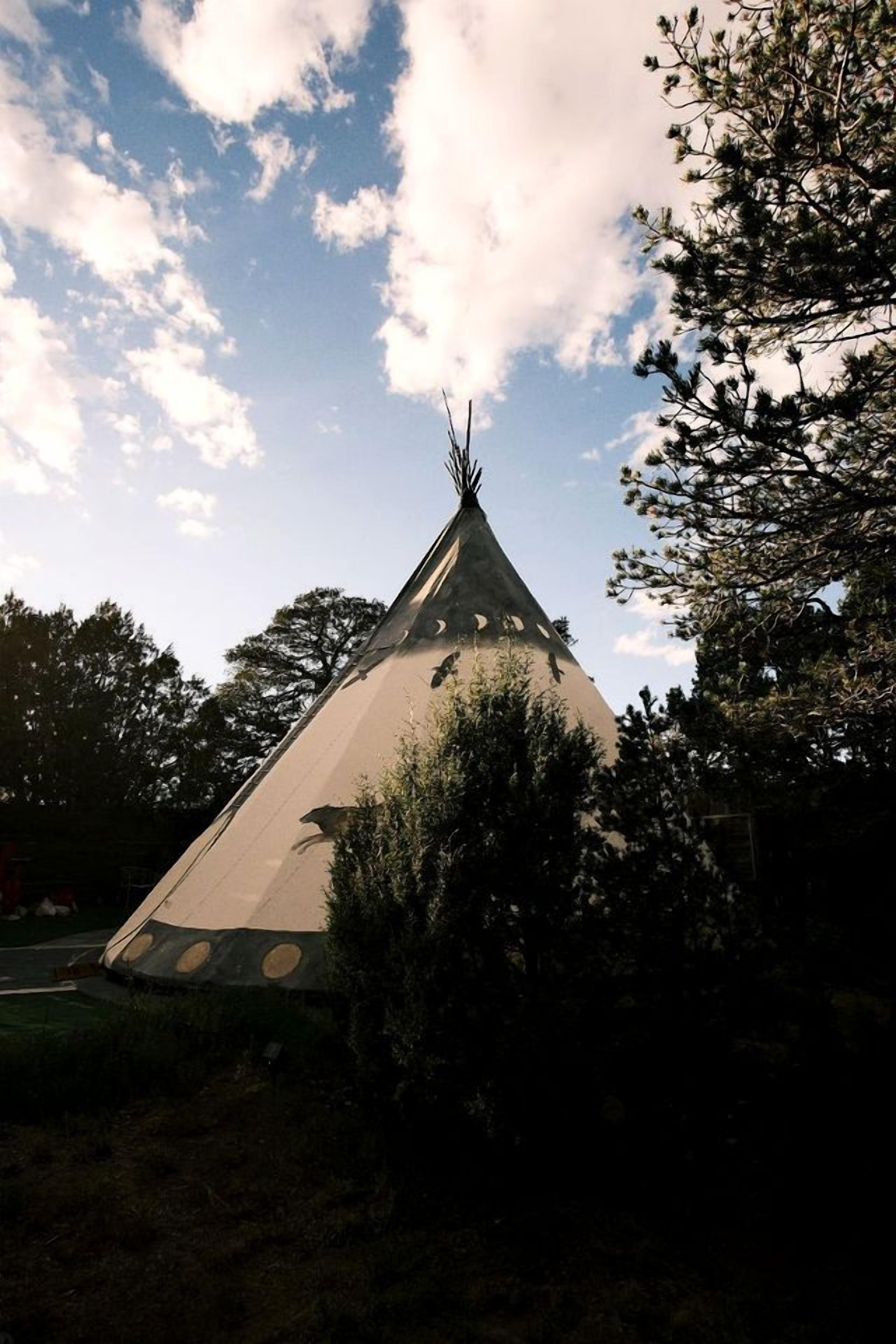 A conical structure with a pointed top, surrounded by trees and grass.