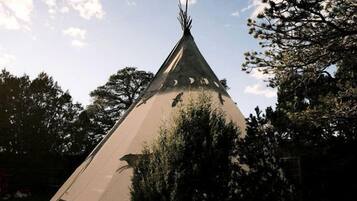 A conical structure with a pointed top, surrounded by trees and grass.