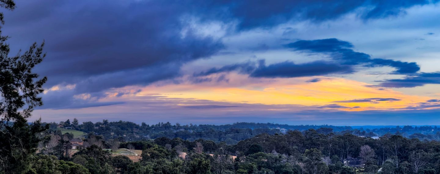 A landscape view of a residential area with houses and trees under a sunset sky.