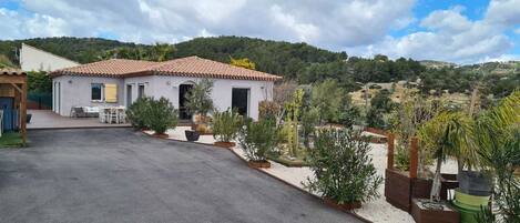A two-story house with a tiled roof, a paved driveway, and a garden with various plants and a cactus.